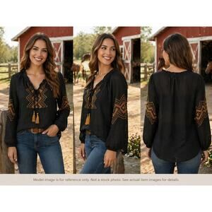 Rancho Estancia Black Embroidered Boho Peasant Blouse Size M